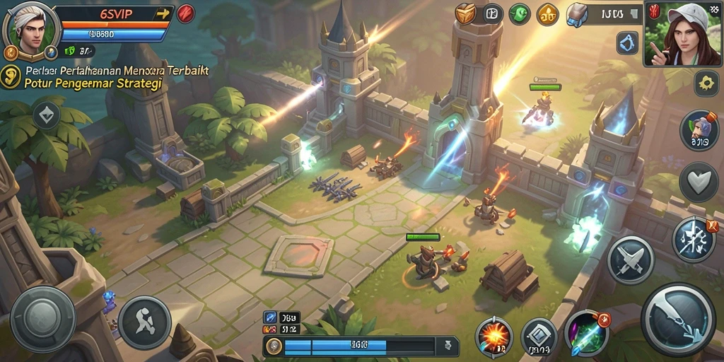 Tangkapan layar gameplay menunjukkan menara yang kuat menghentikan serangan musuh.