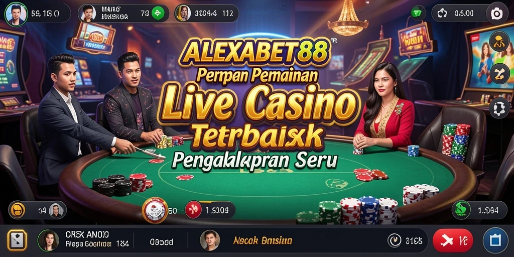 Screenshot ALEXABET88 menampilkan dealer langsung dan suasana kasino yang mendebarkan.