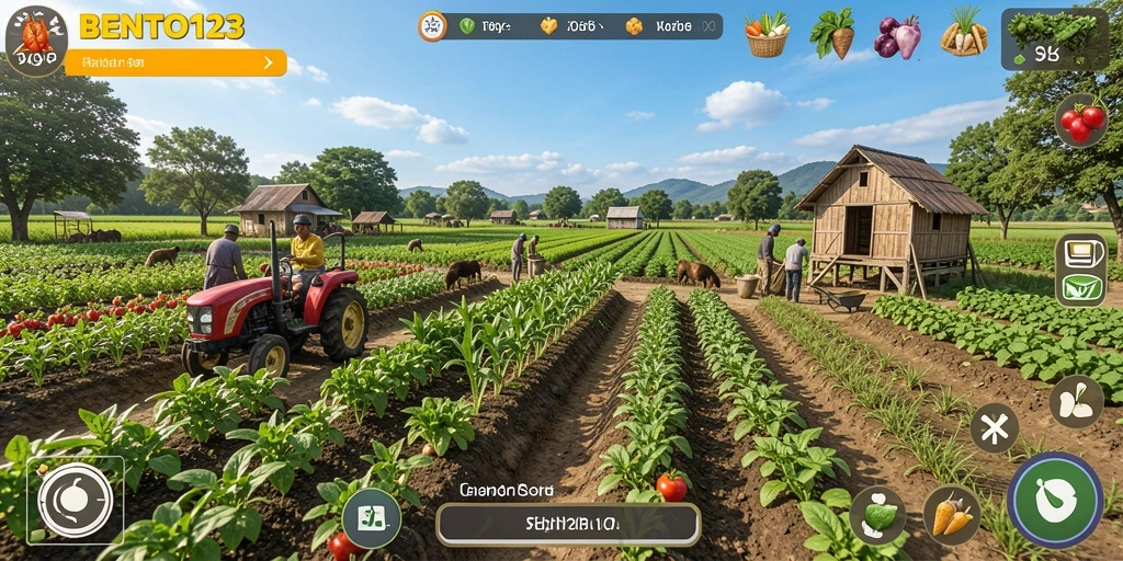 Screenshot utama gameplay BENTO123 menunjukkan aktivitas pertanian yang seru.