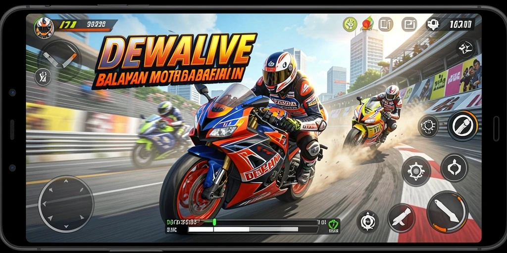 Gameplay seru DEWALIVE dengan balapan motor yang mendebarkan.