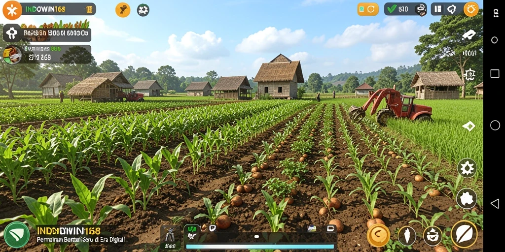 Tangkapan layar gameplay INDOWIN168 menampilkan ladang hijau yang subur dan hewan ternak yang lucu.