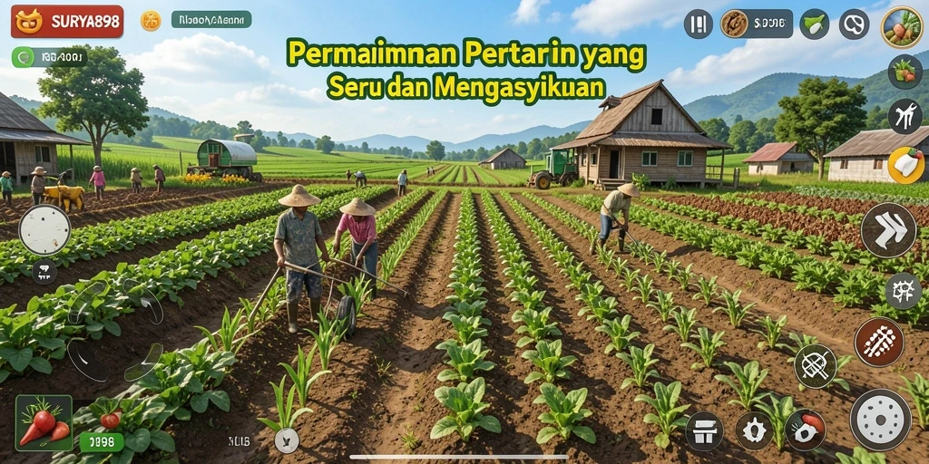 Menampilkan kegiatan bertani dalam SURYA898 dengan warna yang cerah.